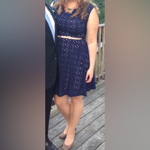 Blue Lace Dress with Nude Lining and Belt - Picture 1 of 5